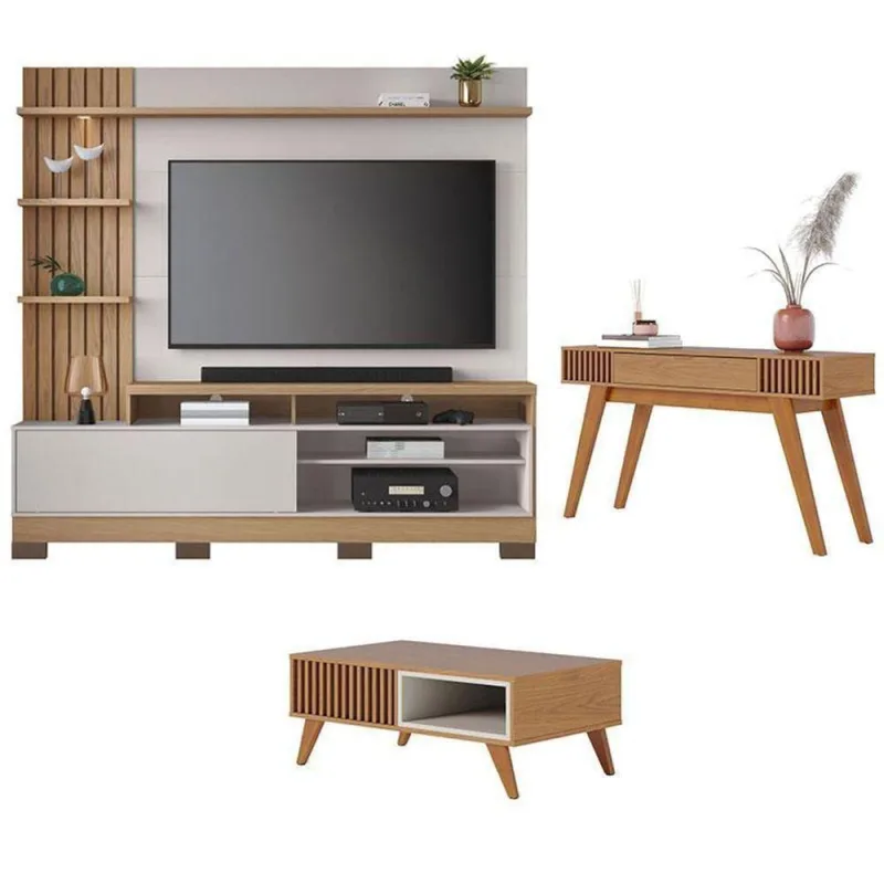 Estante Home Theater Maceió Com Pés Com Mesa De Centro Jeri Freijó Off White E Aparador Riviera Freijó – Colibri - colibri móveis - Móveis