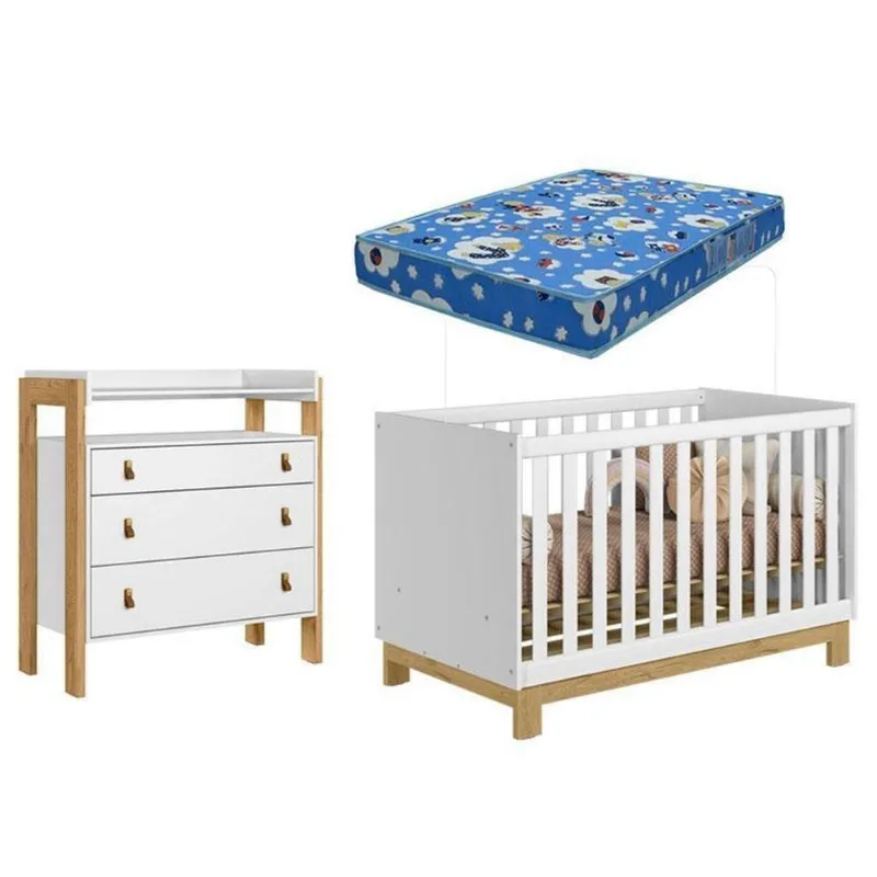 Conjunto Berço Americano e Cômoda Q Encanto Slim Fantasia 3 Gavetas MDP MDF Branco Qmovi