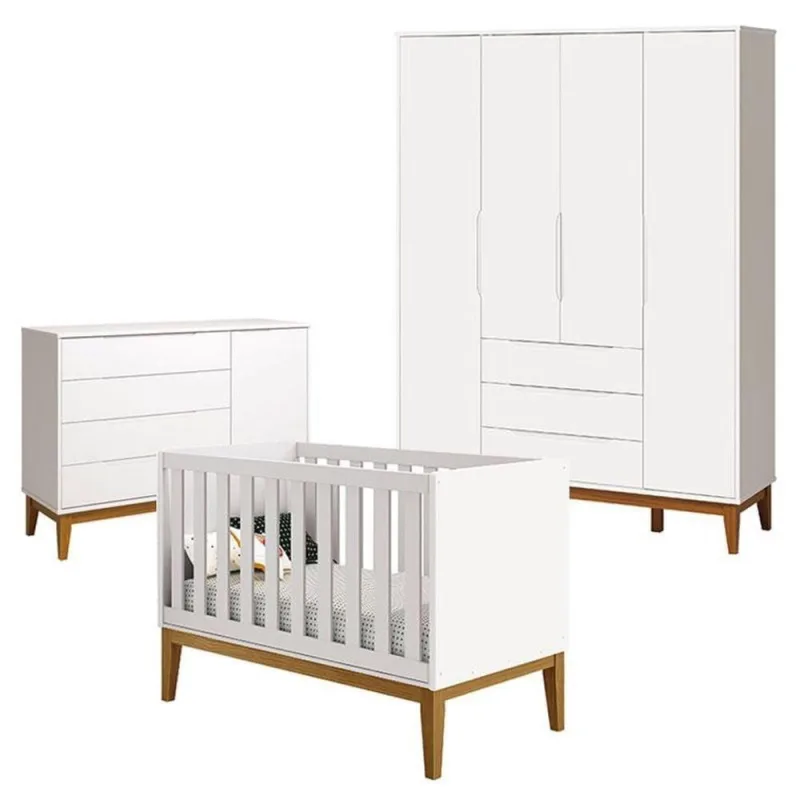 Quarto De Bebê Classic Elfe Branco Acetinado Amadeirado - Reller - OUTRAS - Cama, Mesa E Banho
