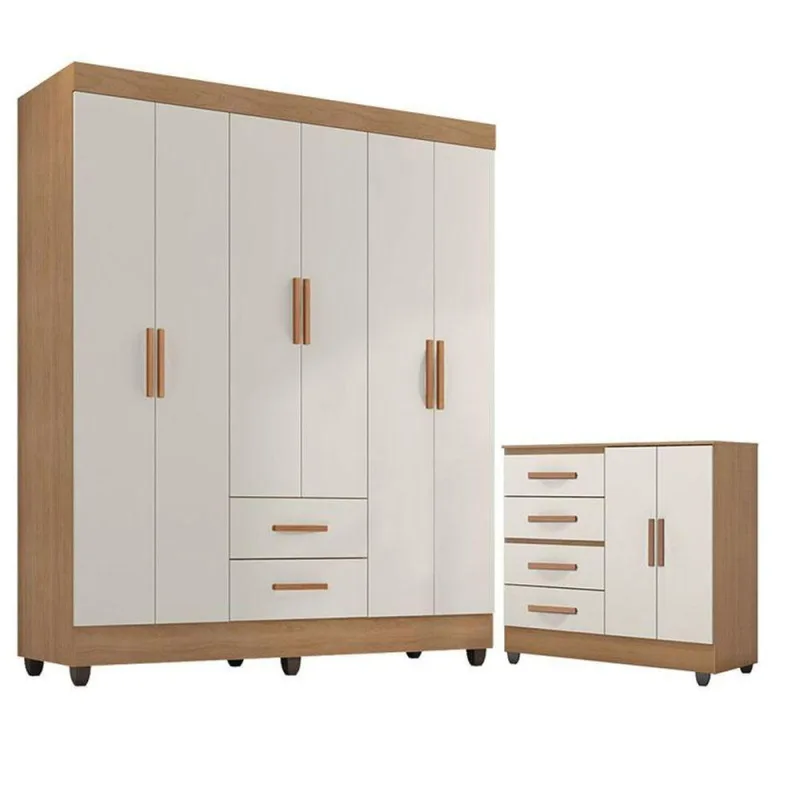 Guarda Roupa Casal 6 Portas E Cômoda 4 Gavetas 2 Portas Lite Nature Off White - Móveis Leão - Móveis Leão - Móveis