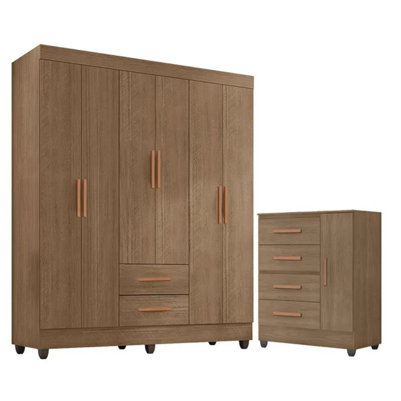 Guarda Roupa Casal 6 Portas E Cômoda 4 Gavetas 01 Porta Lite Carvalho Oak - Móveis Leão - Móveis Leão - Móveis