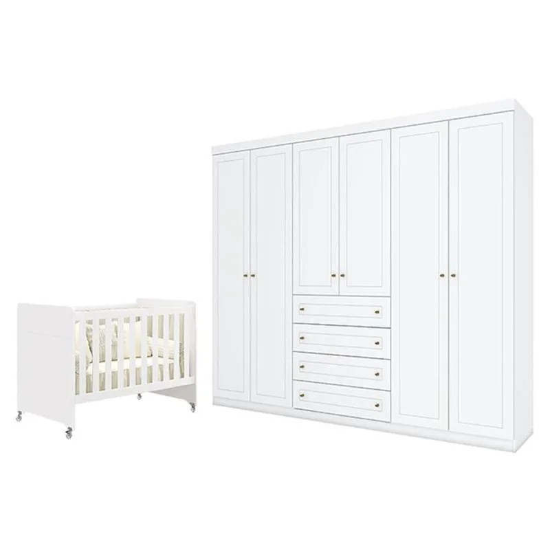 Berço Americano Evolution 4 Em 1 Branco Acetinado E Guarda Roupa Casal Americano 6 Portas Branco Hp - Henn - OUTRAS - Móveis