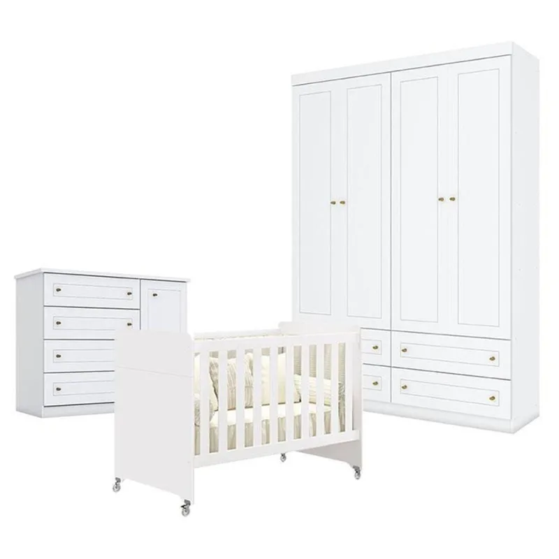 Quarto De Bebê Americano 4 Portas Com Berço Americano Evolution 4 Em 1 Branco Acetinado Reller - Henn - OUTRAS - Cama, Mesa E Banho
