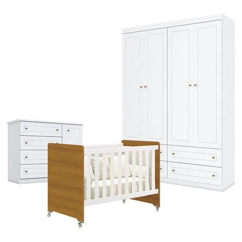 Quarto De Bebê Americano 4 Portas Com Berço Americano Evolution 4 Em 1 Branco Acetinado Savana Reller - Henn - OUTRAS - Cama, Mesa E Banho