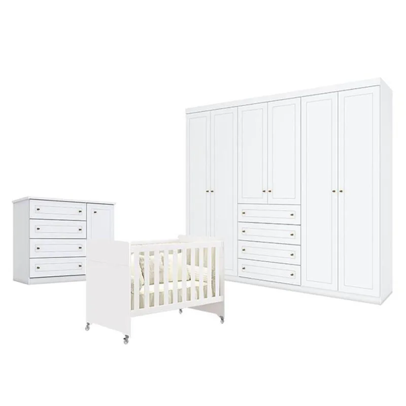 Quarto De Bebê Americano 6 Portas Com Berço Americano Evolution 4 Em 1 Branco Acetinado Reller - Henn - OUTRAS - Móveis