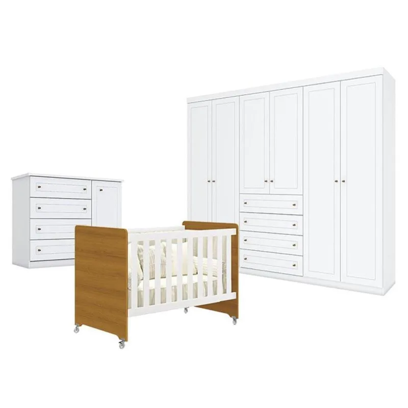Quarto De Bebê Americano 6 Portas Com Berço Americano Evolution 4 Em 1 Branco Acetinado Savana Reller - Henn - OUTRAS - Móveis
