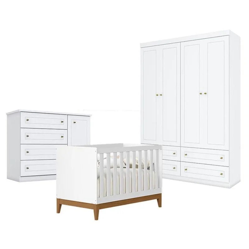 Quarto De Bebê Americano 4 Portas Com Berço Americano Flip Branco Acetinado Reller - Henn - OUTRAS - Móveis