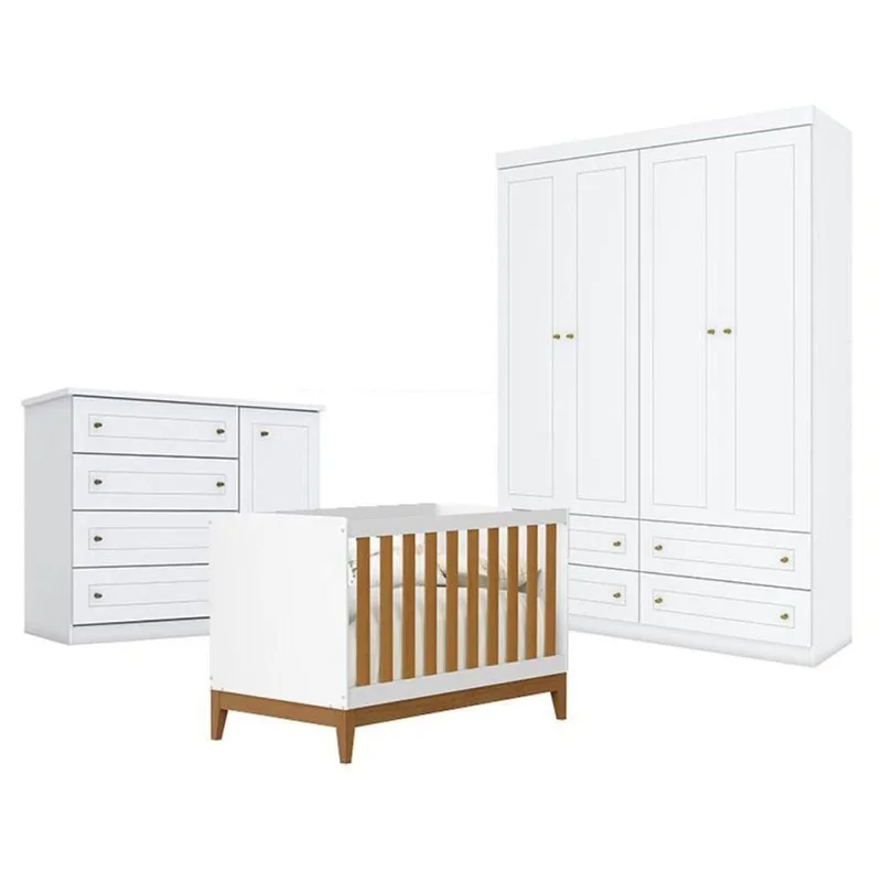 Quarto De Bebê Americano 4 Portas Com Berço Americano Flip Branco Acetinado Savana Reller - Henn - OUTRAS - Móveis