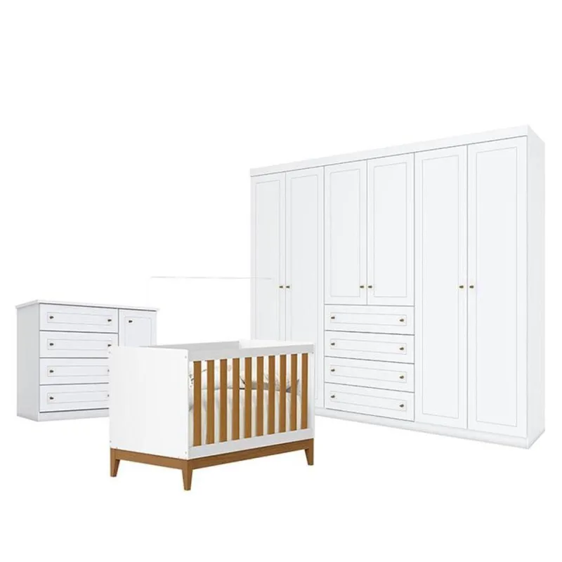 Quarto De Bebê Americano 6 Portas Com Berço Americano Flip Branco Acetinado Savana Reller - Henn - OUTRAS - Móveis