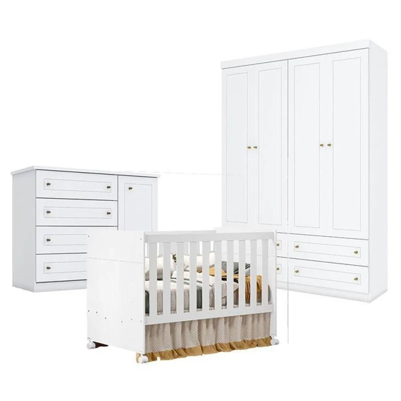 Quarto De Bebê Americano 4 Portas Com Berço Americano Katatau Branco Acetinado - Reller - Henn - OUTRAS - Cama, Mesa E Banho