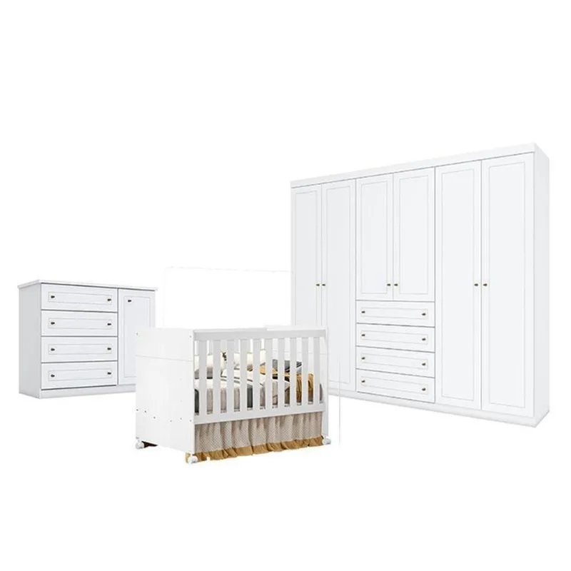 Quarto De Bebê Americano 6 Portas Com Berço Americano Katatau Branco Acetinado - Reller - Henn
