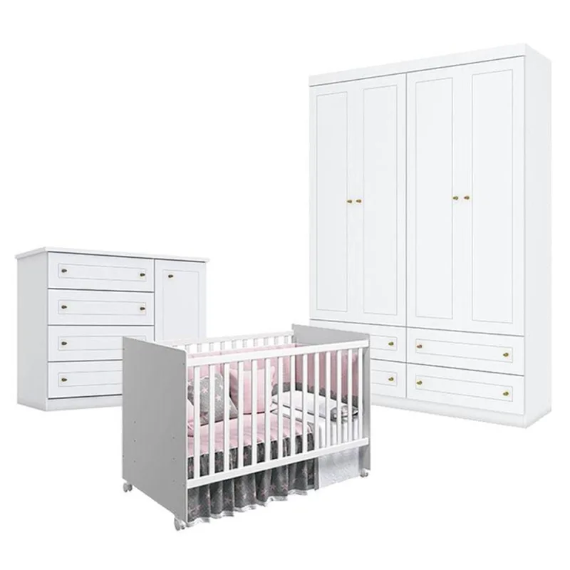 Quarto De Bebê Americano 4 Portas Com Berço Nacional Mel Branco Acetinado - Reller - Henn - OUTRAS