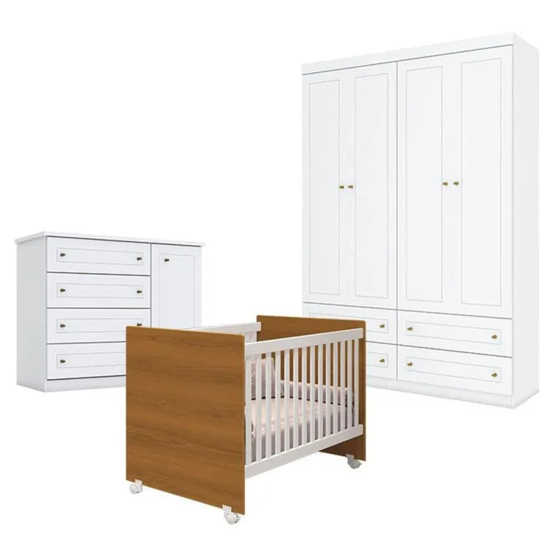 Quarto De Bebê Americano 4 Portas Com Berço Nacional Mel Branco Savana - Reller - Henn - OUTRAS