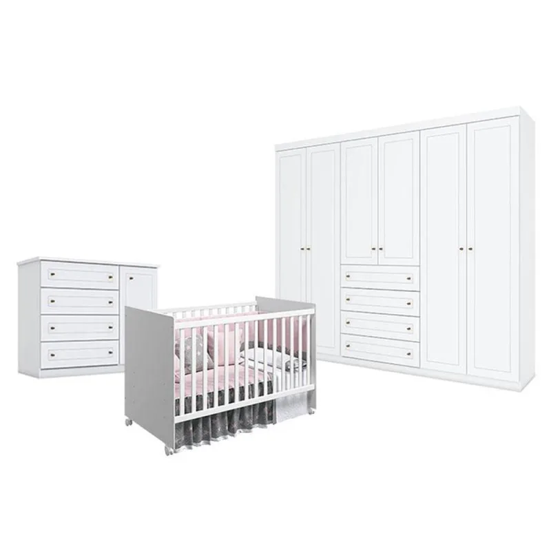 Quarto De Bebê Americano 6 Portas Com Berço Nacional Mel Branco Acetinado - Reller - Henn - OUTRAS - Móveis