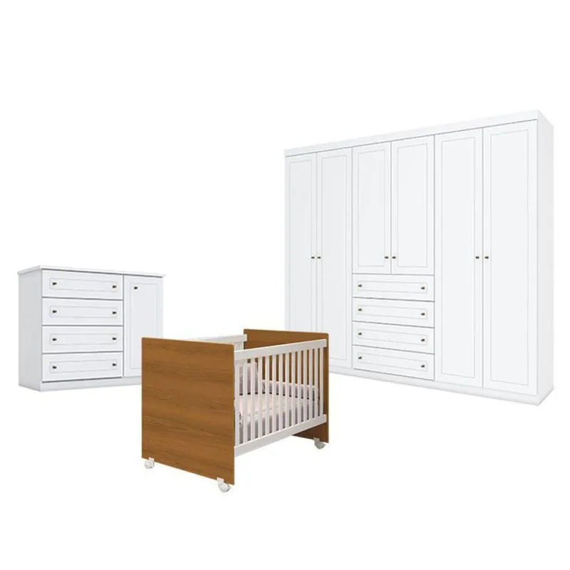 Quarto De Bebê Americano 6 Portas Com Berço Nacional Mel Branco Savana- Reller - Henn - OUTRAS - Móveis