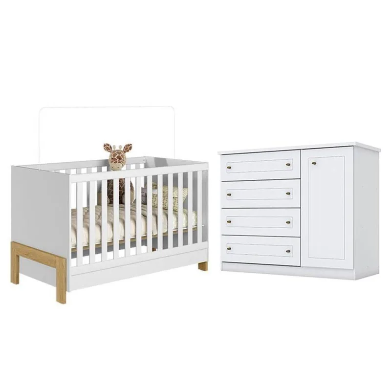 Berço Americano Mini Cama Fantasia Branco Acetinado - Qmovi E Cômoda Infantil Americano Branco Hp - Henn - Qmovi
