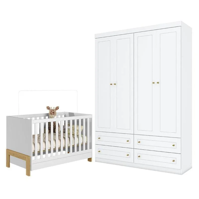 Berço Americano Mini Cama Fantasia Branco Acetinado - Qmovi E Guarda Roupa Infantil Americano 4 Portas Branco Hp - Henn - Qmovi - Bebês