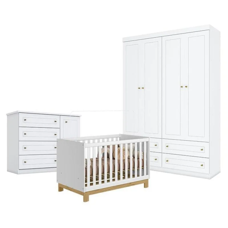 Quarto De Bebê Americano 4 Portas Com Berço Americano Mini Cama Q Encanto Slim Branco Acetinado - Qmovi - Henn - Qmovi - Cama, Mesa E Banho