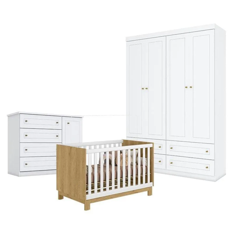 Quarto De Bebê Americano 4 Portas Com Berço Americano Mini Cama Q Encanto Slim Freijó Branco Acetinado - Qmovi - Henn - Qmovi - Colchões