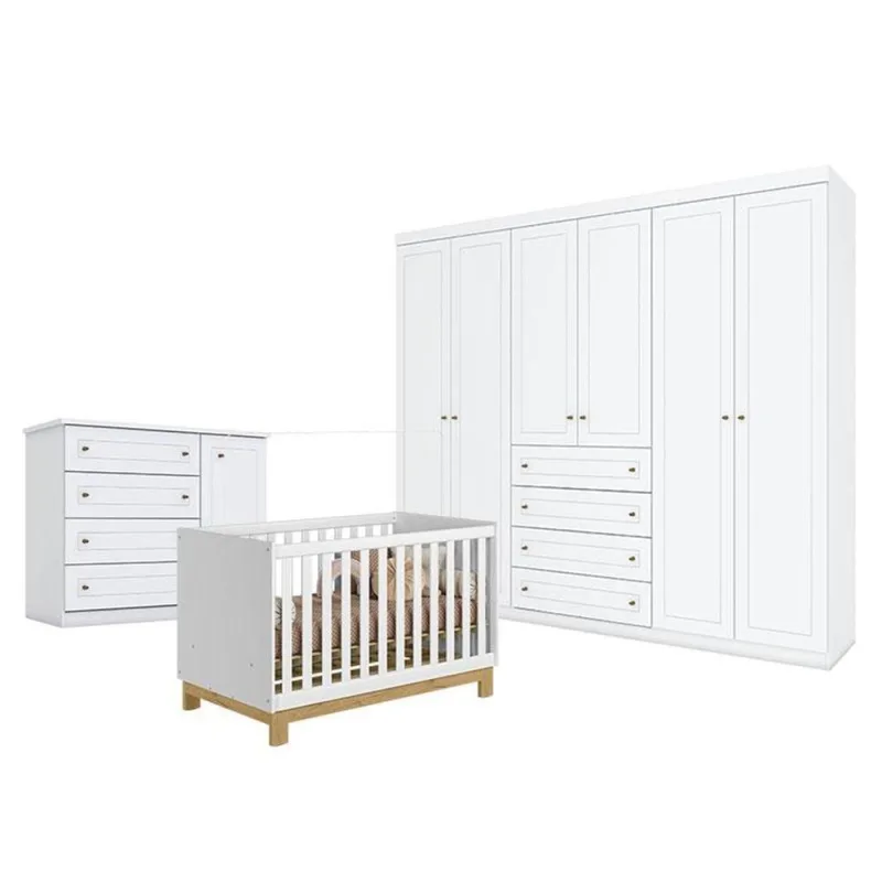 Quarto De Bebê Americano 6 Portas Com Berço Americano Mini Cama Q Encanto Slim Branco Acetinado - Qmovi - Henn - Qmovi - Colchões