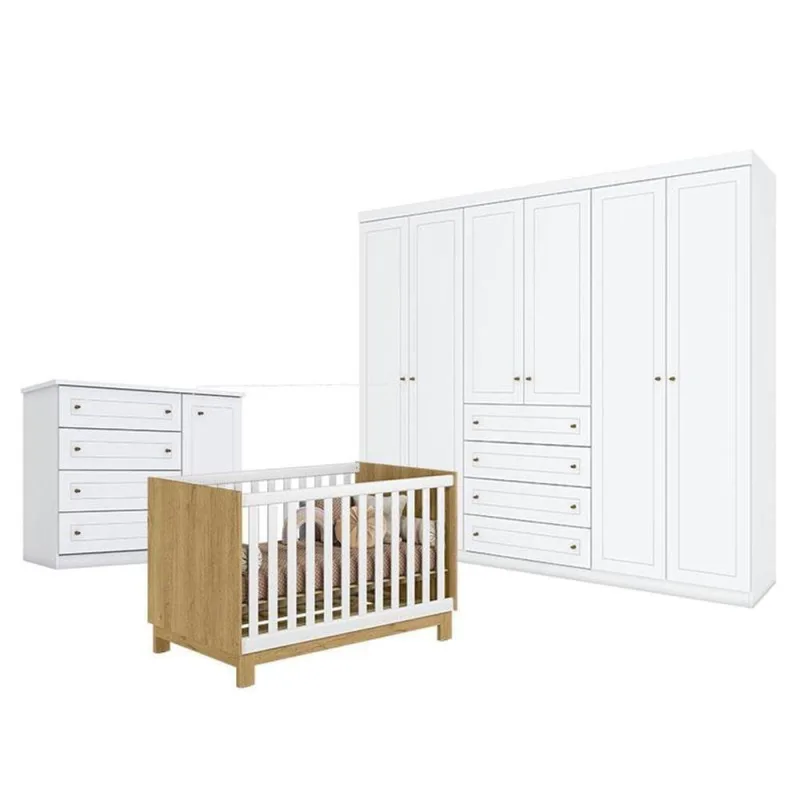 Quarto De Bebê Americano 6 Portas Com Berço Americano Mini Cama Q Encanto Slim Freijó Branco Acetinado - Qmovi - Henn - Qmovi - Colchões