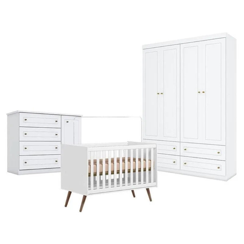 Quarto De Bebê Americano 4 Portas Com Berço Americano Q Encanto 3820 Retrô Branco Acetinado - Qmovi - Henn