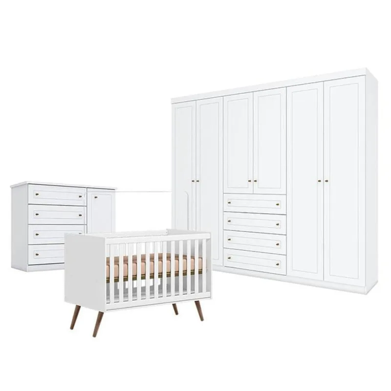 Quarto De Bebê Americano 6 Portas Com Berço Americano Q Encanto 3820 Retrô Branco Acetinado - Qmovi - Henn - Qmovi - Móveis