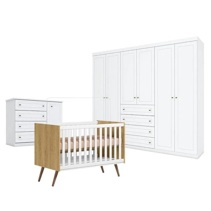 Quarto De Bebê Americano 6 Portas Com Berço Americano Q Encanto 3820 Retrô Freijó Toq Branco Acetinado - Qmovi - Henn - Qmovi - Móveis