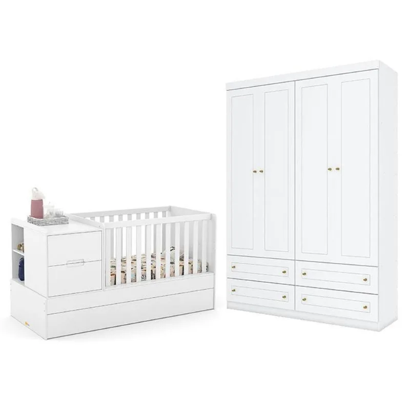 Berço Americano Multifuncional Formare com Guarda Roupa Infantil Branco Matic Móveis