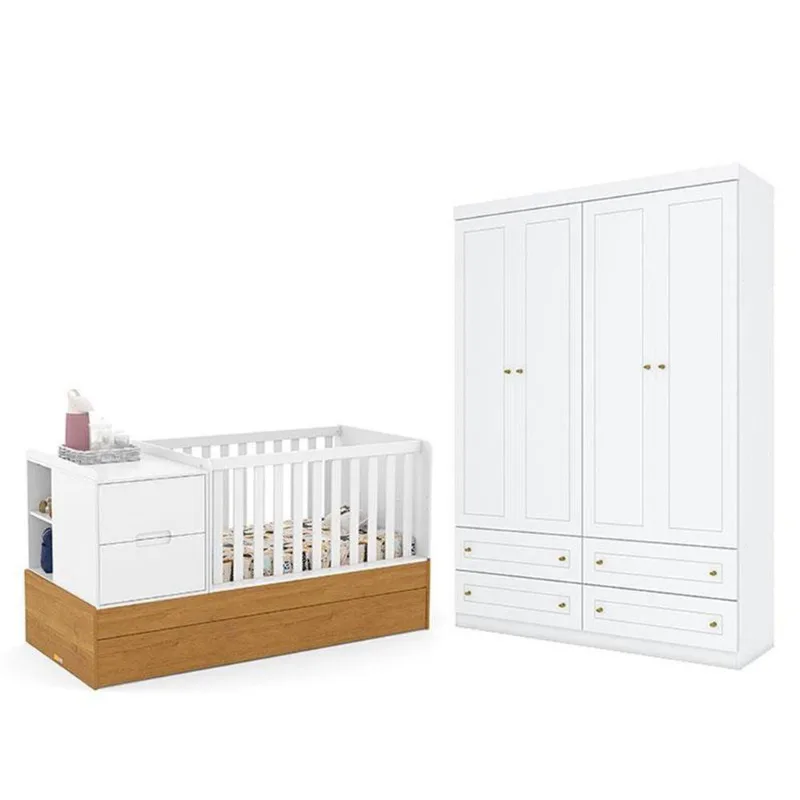 Berço Americano Multifuncional Formare Branco Freijó - Matic E Guarda Roupa Infantil Americano 4 Porta Branco Hp - Henn