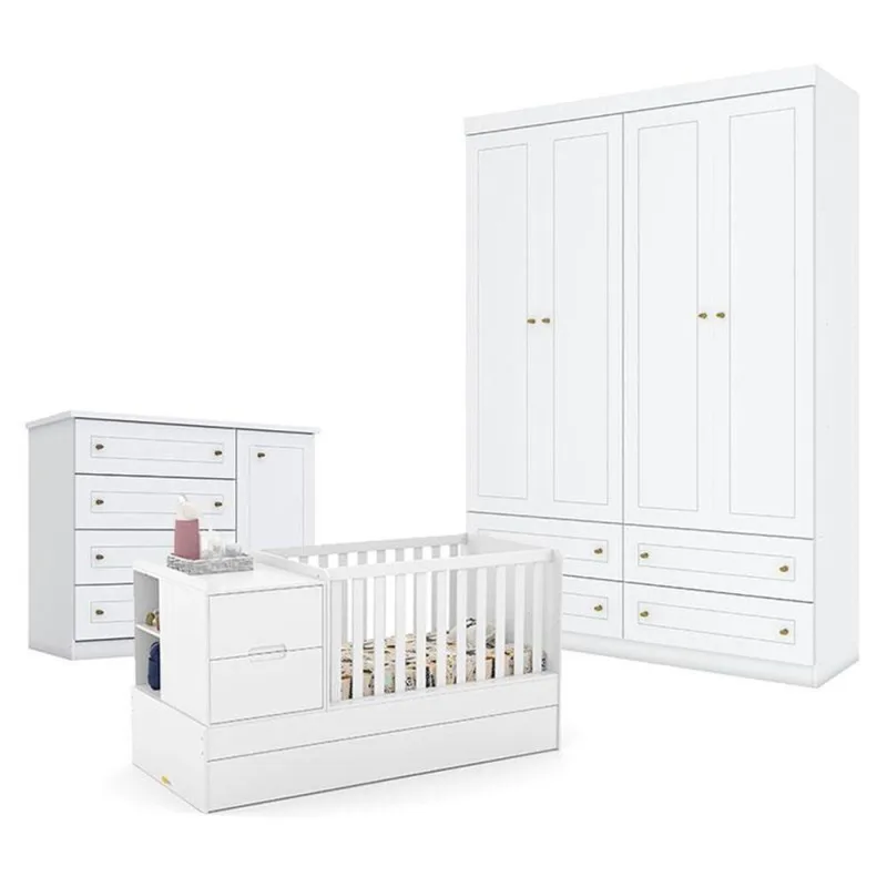 Quarto De Bebê Americano 4 Portas Com Berço Americano Multifuncional Formare Branco Acetinado - Matic - Henn - OUTRAS - Móveis