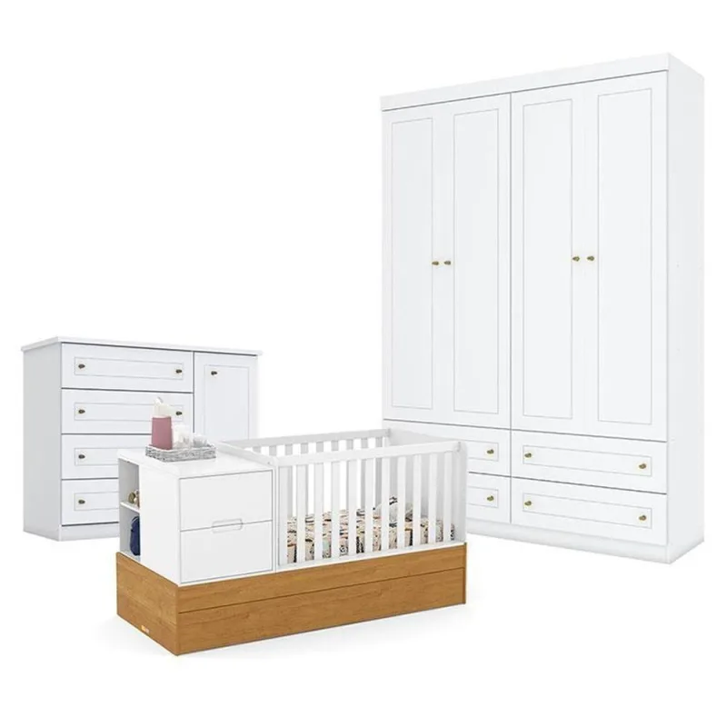 Quarto De Bebê Americano 4 Portas Com Berço Americano Multifuncional Formare Branco Freijó - Matic - Henn - OUTRAS - Bebês