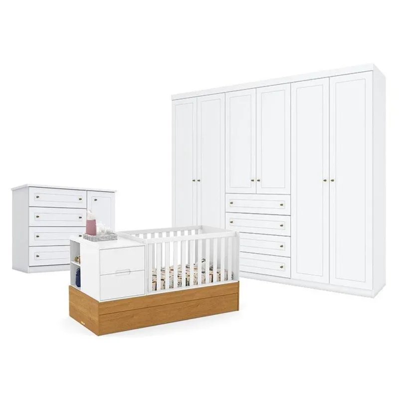 Quarto De Bebê Americano 6 Portas Com Berço Americano Multifuncional Formare Branco Freijó - Matic - OUTRAS - Móveis