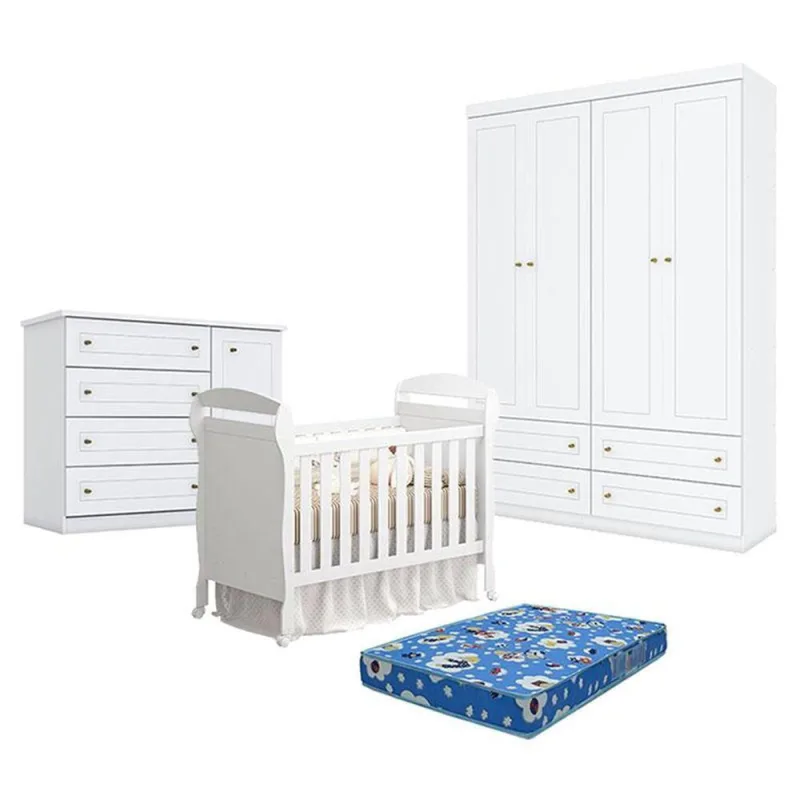 Quarto De Bebê Americano 4 Portas Com Berço Danny Branco Acetinado Reller E Colchão Ortobom - Henn. - OUTRAS