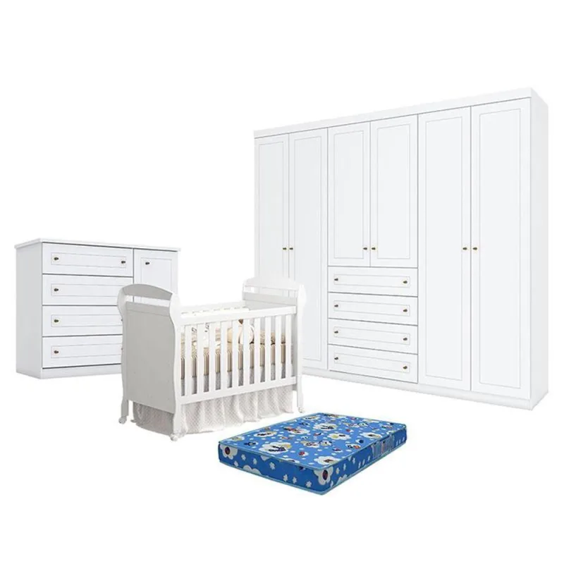 Quarto De Bebê Americano 6 Portas Com Berço Danny Branco Acetinado Reller E Colchão Ortobom - Henn. - OUTRAS - Móveis
