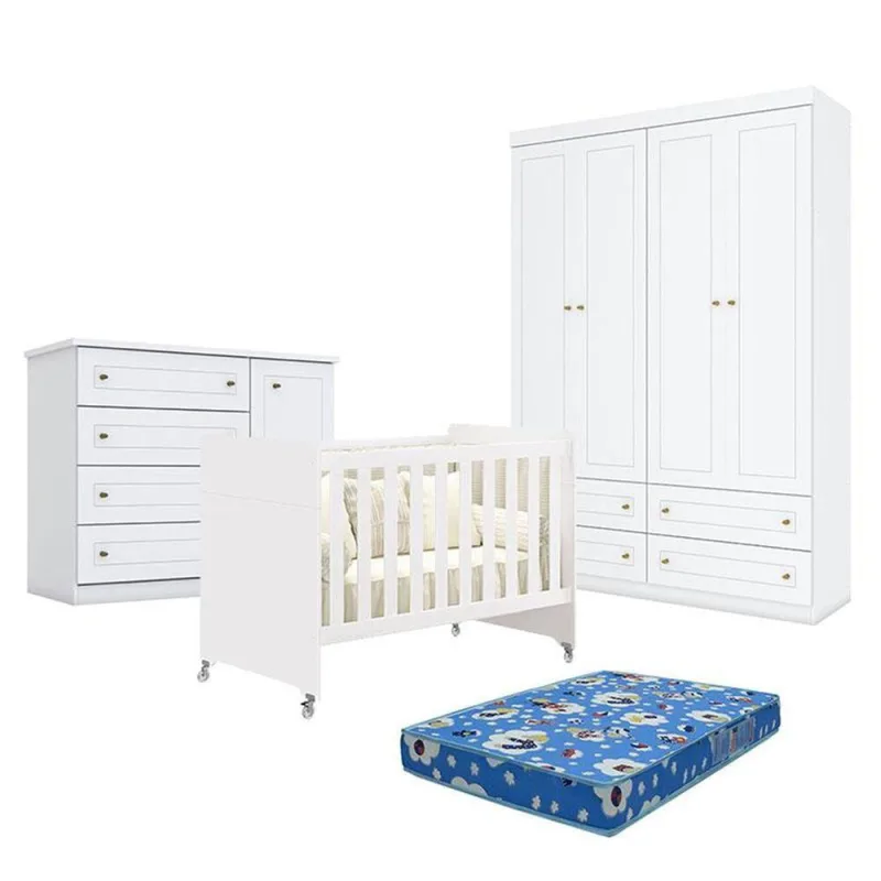 Quarto De Bebê Americano 4 Portas Com Berço Americano Evolution 4 Em 1 Branco Acetinado Reller E Colchão Ortobom - Henn - OUTRAS - Móveis