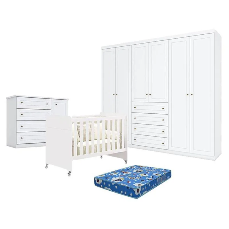 Quarto De Bebê Americano 6 Portas Com Berço Americano Evolution 4 Em 1 Branco Acetinado Reller E Colchão Ortobom - Henn - OUTRAS - Móveis