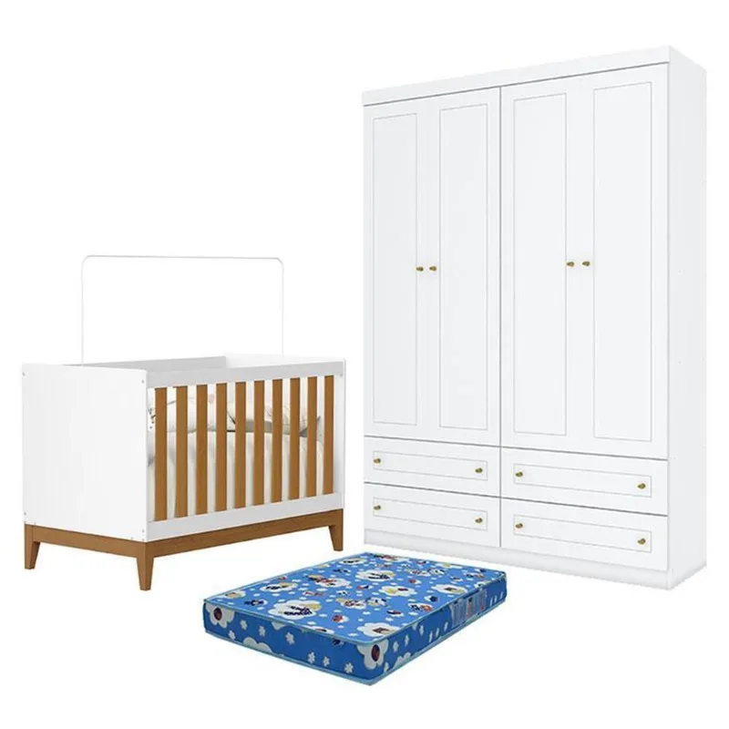 Berço Americano Flip Branco Acetinado Savana Reller E Guarda Roupa Infantil 4 Portas Branco Hp E Colchão Ortobom - Henn