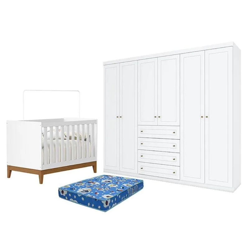 Berço Americano Flip Branco Acetinado Reller E Guarda Roupa Casal Americano 6 Portas Branco Hp E Colchão Ortobom - Henn