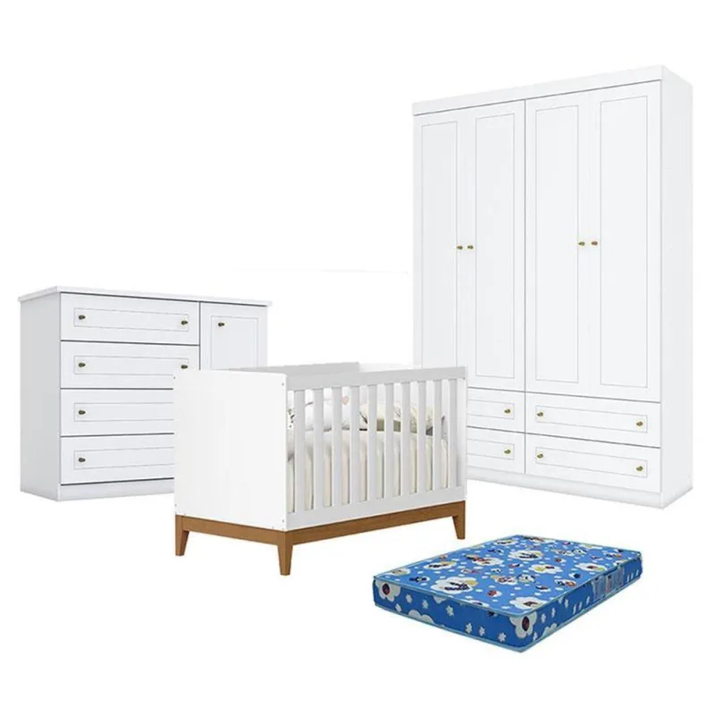 Quarto De Bebê Americano 4 Portas Com Berço Americano Flip Branco Acetinado Reller E Colchão Ortobom - Henn - OUTRAS - Móveis