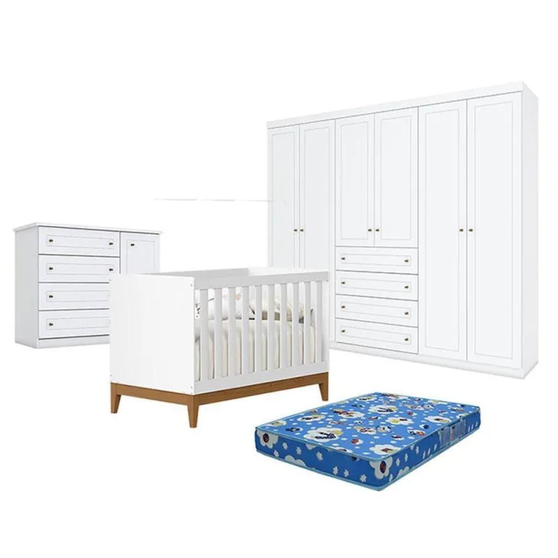 Quarto De Bebê Americano 6 Portas Com Berço Americano Flip Branco Acetinado Reller E Colchão Ortobom - Henn - OUTRAS - Móveis