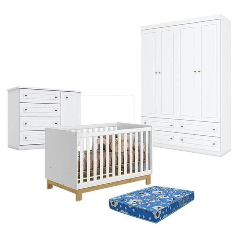 Quarto de Bebê Q Encanto Slim 4 Portas 4 Gavetas MDF Branco Acetinado Qmovi - Qmovi - Cama, Mesa E Banho