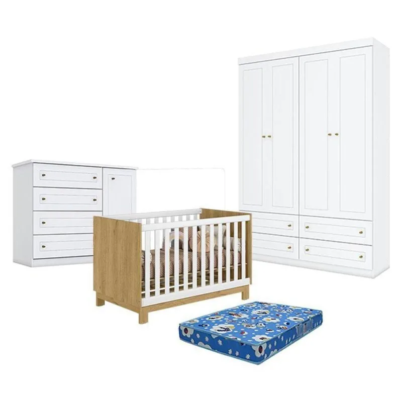 Quarto de Bebê Q Encanto Slim 6 Portas 4 Gavetas MDF-MDP Branco Acetinado Qmovi - Qmovi - Cama, Mesa E Banho