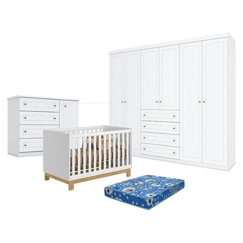 Quarto de Bebê Q Encanto Slim 6 Portas 4 Gavetas MDP-MDF Freijó Branco Qmovi - Qmovi - Cama, Mesa E Banho