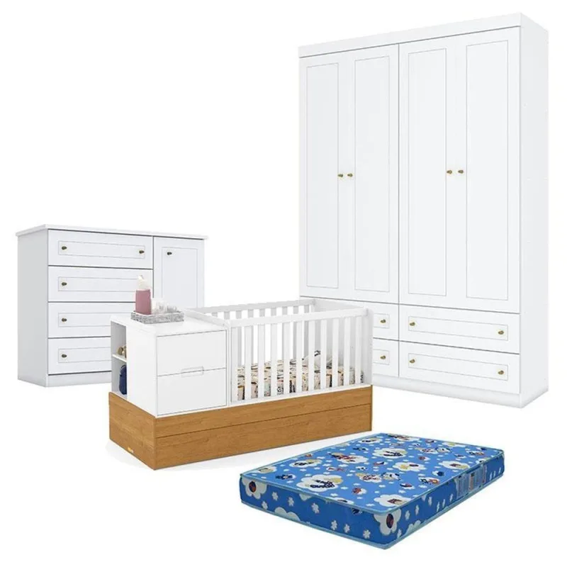 Quarto de Bebê Formare 4 Portas 4 Gavetas MDF-MDP Branco Freijó Matic Móveis - OUTRAS