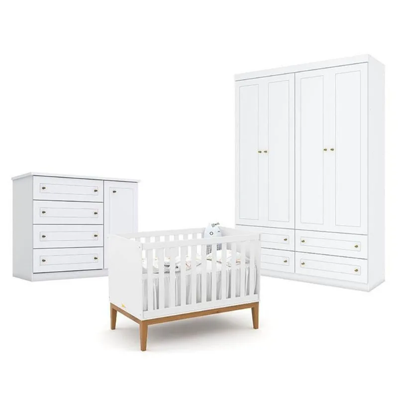 Quarto De Bebê Americano 4 Portas Com Berço Americano Unique Branco Soft Eco Wood - Matic - Henn