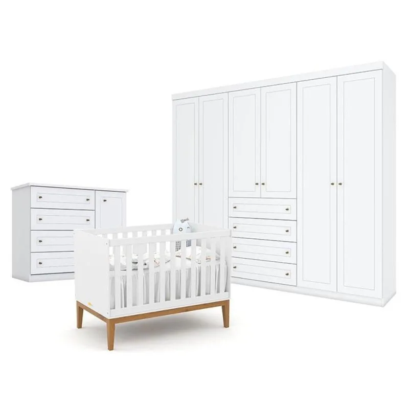 Quarto De Bebê Americano 6 Portas Com Berço Americano Unique Branco Soft Eco Wood - Matic - Henn - OUTRAS - Móveis