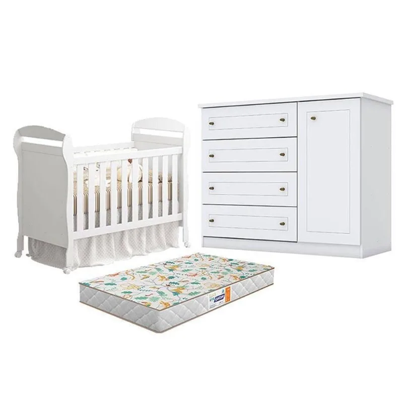 Berço Americano Danny Branco Acetinado Reller E Cômoda Infantil Americano Branco Hp E Colchão Gazin - Henn.