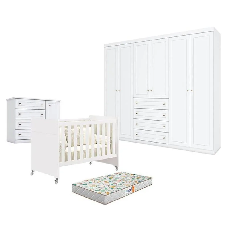 Quarto De Bebê Americano 6 Portas Com Berço Americano Evolution 4 Em 1 Branco Acetinado Reller E Colchão Gazin - Henn - OUTRAS - Colchões