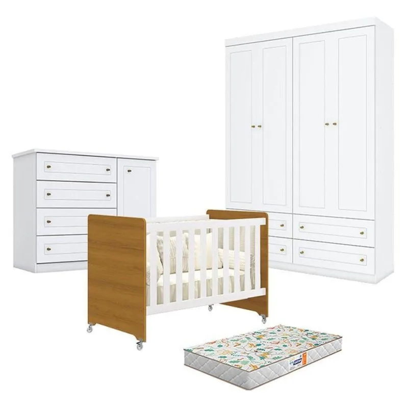 Quarto de Bebê com Berço Americano Evolution 4 em 1 5 Portas MDF e MDP Branco Móveis Henn - OUTRAS - Cama, Mesa E Banho